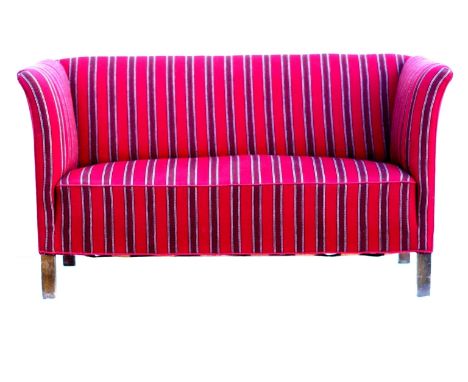 A Danish 1940's small twin seater sofa, original wine coloured fabric with chevron stripe. Raised on square legs. 140cm x 71c