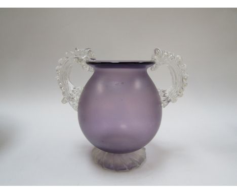 ANTHONY STERN (b.1944) A studio glass vase, amethyst iridescent body with clear glass handles and frosted base, 17cm high