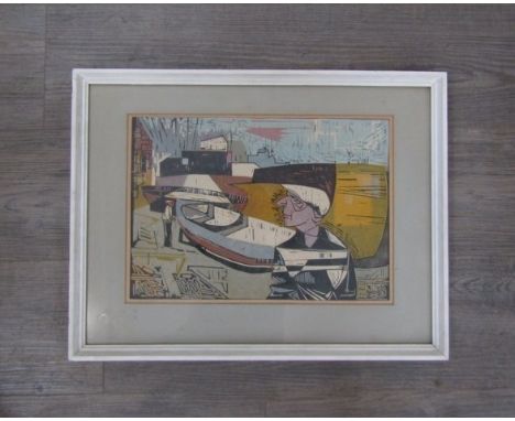 A framed and glazed abstract print depicting figure beside boats. Pencil signed 'CLACK' lower right. 26.5cm x 38cm