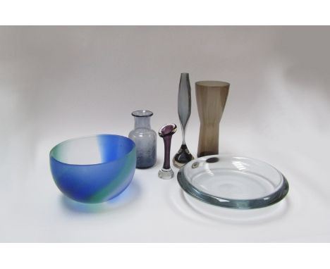 A vintage Scandinavian art glass including a massively blown ice blue bowl a vase and another signed vase with random bubble 