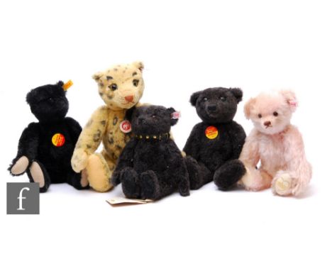 A collection of Steiff teddy bears, 662546 Jack, 420696 Leopard, 661983 Queen of Hearts Princess Diana Memorial Bear, and two