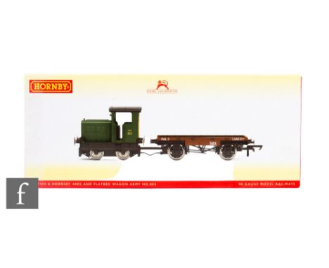 An OO gauge Hornby DCC Ready Ruston and Hornsby 48DS 0-4-0 Army 802 locomotive and flatbed wagon, boxed.  PLEASE VIEW CONDITI