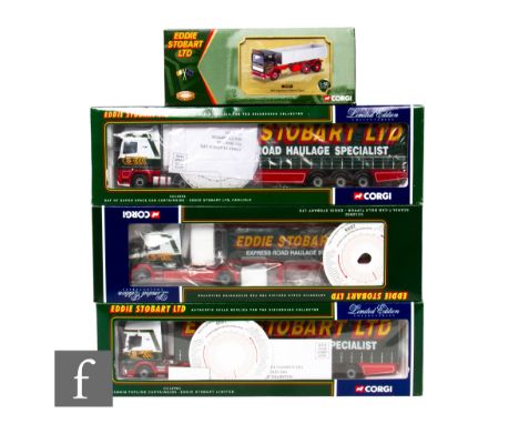 Four Corgi Eddie Stobart 1:50 scale diecast models, CC12901 Scania Topline Curtainside, CC13201 DAF XF Super Space Cab Curtai