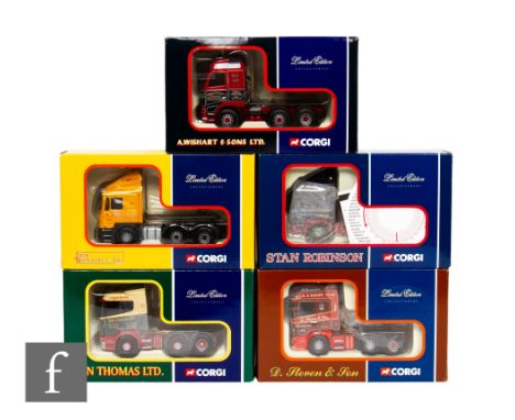 Five Corgi 1:50 scale diecast model tractor units, CC12214 Ken Thomas Scania 4 Series, CC12904 D Steven &amp; Son of Wick Sca