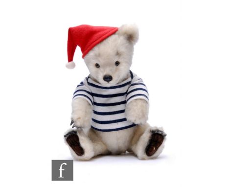 An R. John Wright Bears at Sea Collection Stowaway teddy bear,&nbsp;cream alpaca and mohair plush, grey-blue glass eyes, leat