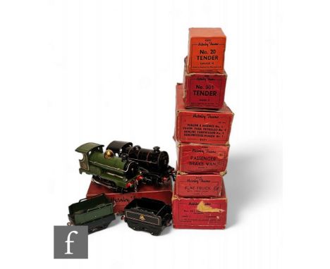 A collection of O gauge Hornby items, comprising a boxed 501 0-4-0 maroon 5600 clockwork locomotive, boxed 501 tender in gree