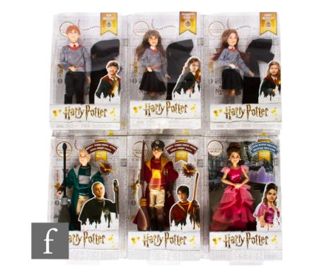 Six Mattel Harry Potter dolls, comprising Hermione Granger in Yule Ball outfit, Harry Potter in Quidditch uniform, Draco Malf