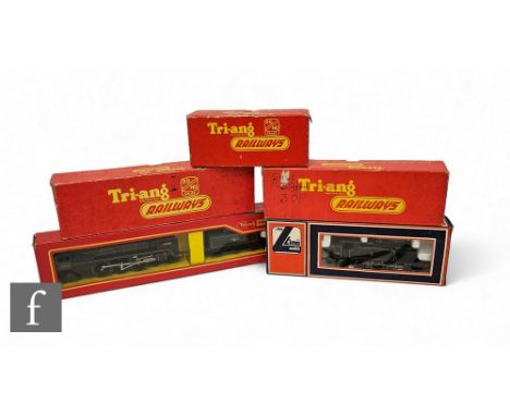 Five OO gauge locomotives, Triang R259S 4-6-2 BR green 'Britannia,' Triang R56 4-6-4T black 4830, Lima 205110 2-6-2T BR black