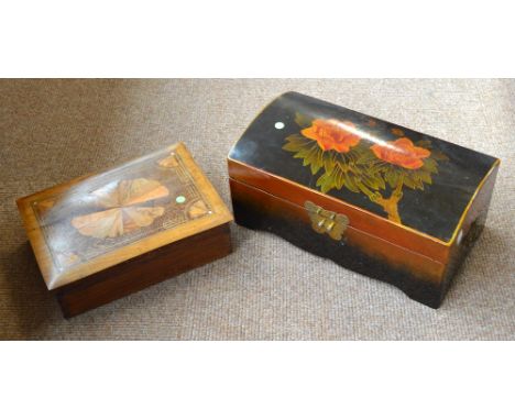 A specimen wood inlaid rectangular trinket box and a decorative dome topped box (2).