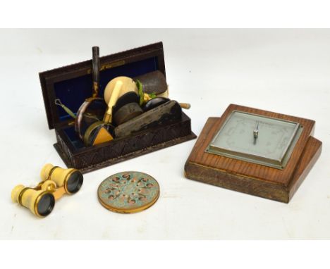 A mixed lot of collectors' items including a cased pair of French ivory opera glasses, magnifying glass, barometer, rolled go