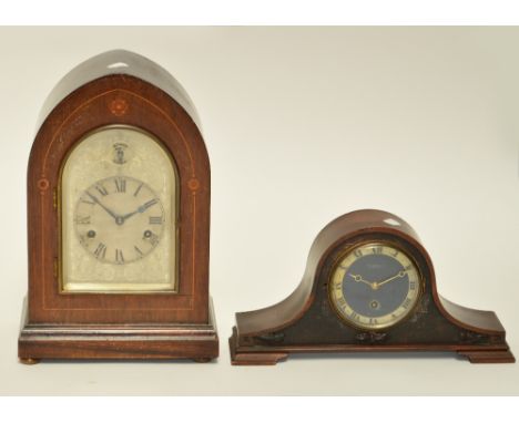 An Edwardian inlaid lancet shaped mantel clock with engraved dial and eight day movement, height 36.5cm, and a small Napoleon