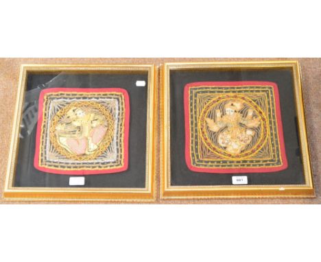 A pair of decorative Indian embroidered panels, 24 x 24cm, framed and glazed, an early 20th century Japanese twin handled jar