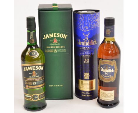 A boxed Jameson limited reserve 18 year old bottle of whisky and a boxed single bottle of 30 year old Glenfiddich single malt