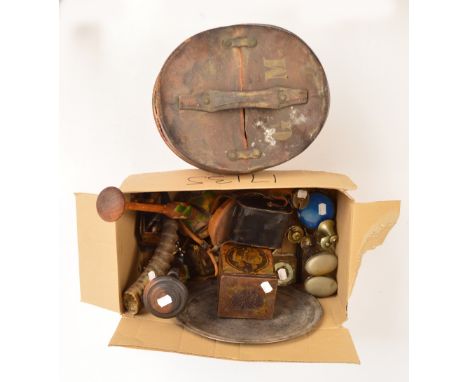 A quantity of collectors' items including a leather hat box, a leather collar box, knife rests, a 1914-1918 war medal awarded