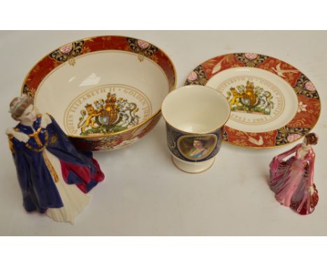 A limited edition Royal Worcester figure of The Queen, a boxed limited edition Royal Worcester commemorative bowl, a boxed li