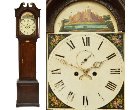 An early 19th century oak longcase clock, the broken swan neck pediment above arched painted dial set with Roman numerals, su