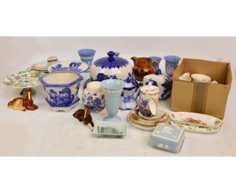 A quantity of ceramics including a small group of Wedgwood predominantly blue jasperware, four Royal Doulton "Village Life" s