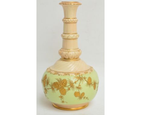 A large Locke & Co. Worcester bottle vase with gilt pine cone decoration on pale green ground and tiered neck, shape 63, with