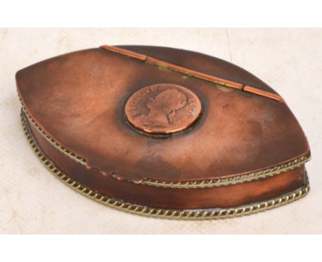 A George III copper lancet shaped snuff box set with a coin to lid, length 9.75cm.