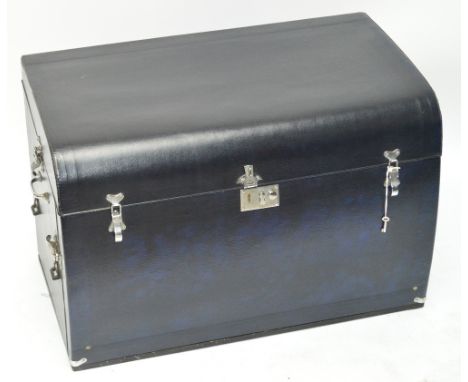 A vintage Brexton dark blue car trunk with shaped hinged cover, diameter 79cm.