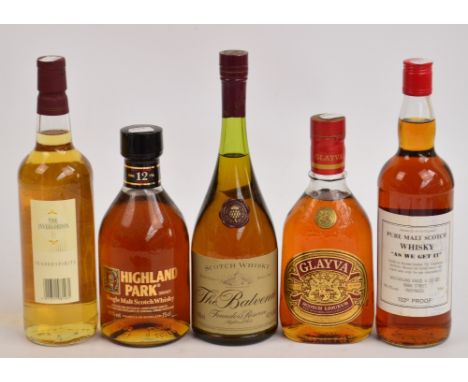 Five unboxed bottles of whisky; The Balvenie Founders Reserve, The Invergordon single grain 10 year old, Glayva Scotch liqueu