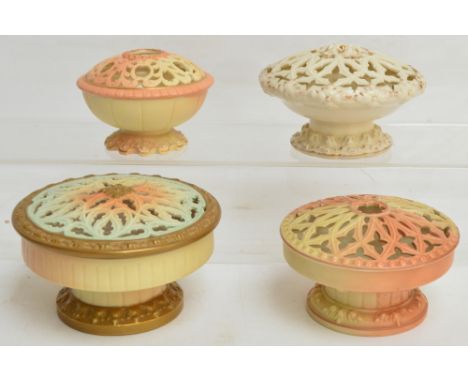 A small collection of Locke & Co. Worcester pot pourri bowls with reticulated tops, comprising a white and gilt example, shap