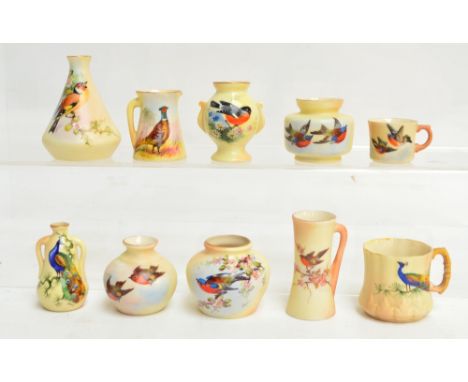 A collection of Locke & Co. Worcester blush ivory miniature vessels of various shapes and sizes, painted with birds including