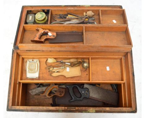 A quantity of woodworking tools including saws, drills, etc, and some kitchenalia including butter pats, egg slicer, grater, 