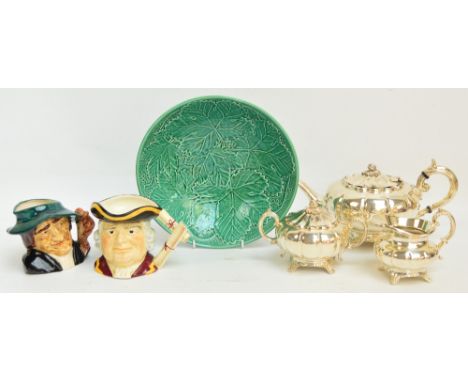 A green Wedgwood leaf decorated bowl, diameter 27.5cm, an Old Courtware character jug "Rat Catcher", a Midwinter character ju
