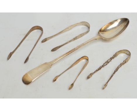 A pair of George III hallmarked silver sugar tongs with bright cut decoration and monogrammed cartouche, Peter, Anne & Willia