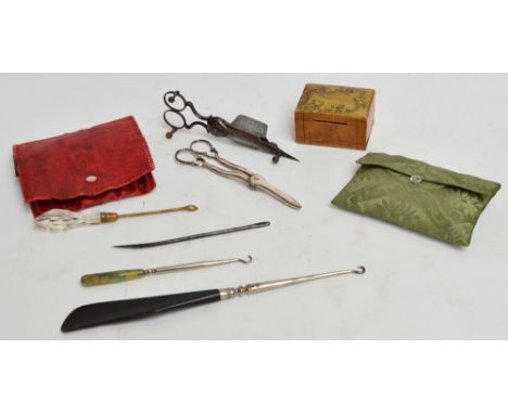 A small quantity of collectors' items including a patent wick trimmer, button hooks, a bodkin, mirrors, an ear wax remover, p