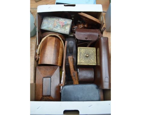 A quantity of collectors' items including woodworking tools, cased gentleman's grooming sets, a biscuit barrel, vintage tins,