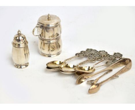 A George V jubilee hallmarked three piece cruet set with fluted decoration comprising open circular salt with matching spoon,