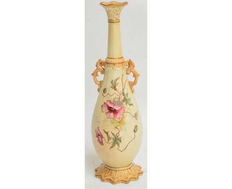 A Locke & Co. Worcester blush ivory twin handled vase of slender bottle form with reticulated rim, decorated with gilt height