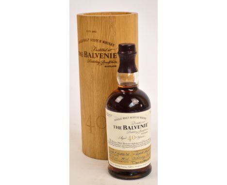 A crated single bottle of 40 year old The Balvenie with hand written label inscribed "Batch 1, bottle 58, 48.5% vol, 70cl 4 r