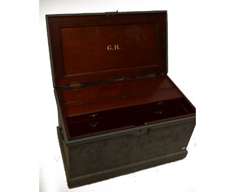 A Victorian painted tool chest, the hinged lid enclosing a well fitted mahogany interior, width 92.5cm.