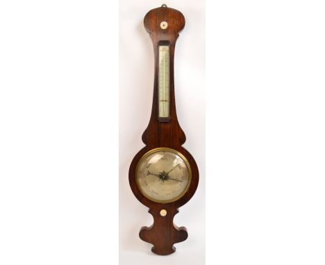 A 19th century rosewood banjo thermometer/barometer with silvered dial and mother of pearl tabs, height 95cm.