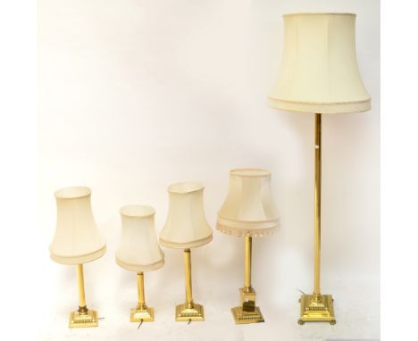 A brass standard lamp with shade and four brass table lamps with shades (5)