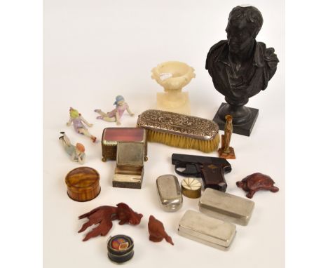 A group of collectors' items including a late 19th century glass topped trinket box, a spelter bust, three Art Deco bisque po