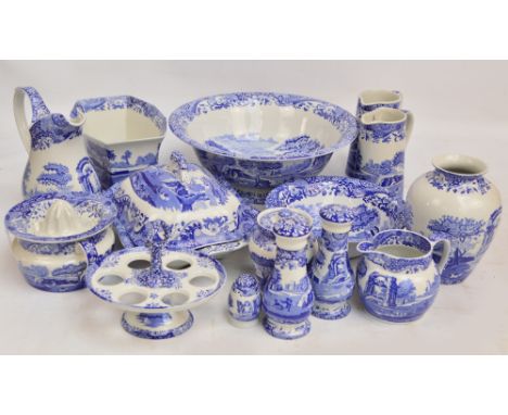 A collection of Spode "Italian" ware comprising three jugs, a jug with lemon squeezer/strainer, a cheese dome, an egg stand, 