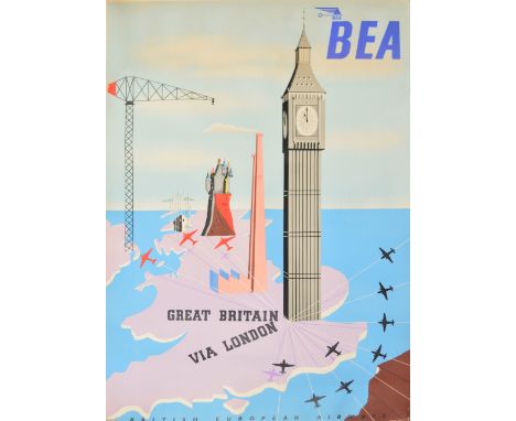DAVID LEWIS; a poster lithograph incolours "BEA, British European Airways", published c.1951, possibly for the Festival of Br