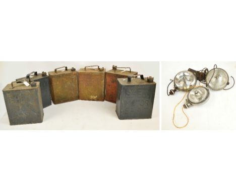 Six vintage petrol cans including four Shell, one ESSO and one Pratts, each height 33cm including handle, and three headlight