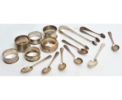 A set of six George V hallmarked silver rat tail coffee spoons, London 1917, a further silver spoon, a pair of Georgian silve
