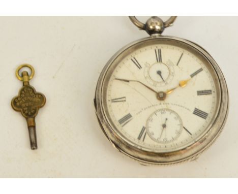 THOMAS RUSSELL & SON; a silver cased open face key wind pocket watch, the circular enamel dial set with Roman numerals and tw