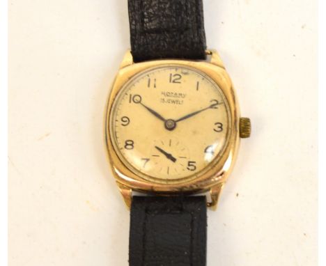 ROTARY; a 1920s 9ct yellow gold cased mechanical gentleman's wristwatch, the circular dial set with Arabic numerals and subsi