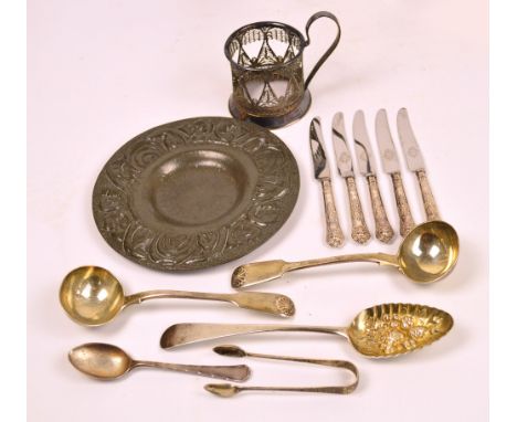 A pair of Victorian hallmarked silver sauce ladles, London 1856, a hallmarked silver later embossed berry spoon, a pair of si