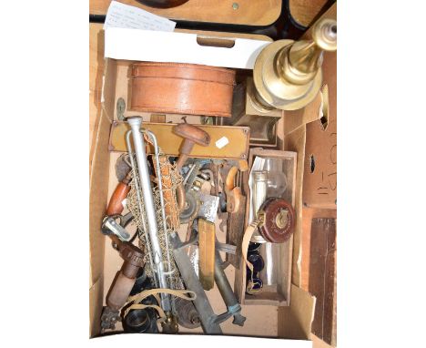 A mixed lot of vintage tools, including wooden handled screws, G-clamps, spirit levels, rulers, leather cased tape measure, a