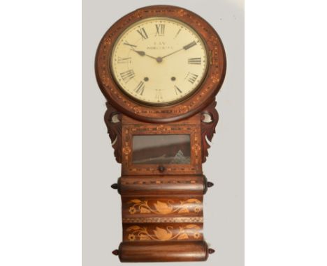 A 19th century walnut marquetry inlaid drop dial wall clock with circular painted dial set with Roman numerals inscribed "Kay