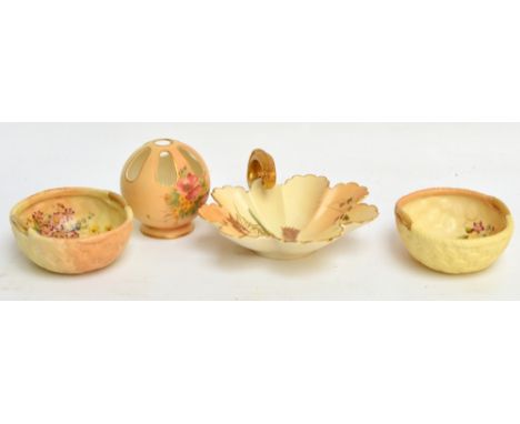 A small collection of Royal Worcester blush ivory items comprising a gilt handled leaf shaped dish with puce mark to base, wi