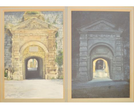 GEOFF BUTTERWORTH; two watercolours framed as one "Walker Into Light, The Greek Gate, Mdina - Malta, 12 Noon and 12 Midnight"